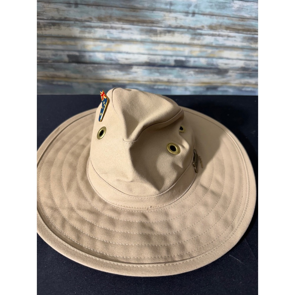 Driza-Bone Bush Hat Large Tan Excellent Canvas Australian Outback Wide Brim Pin